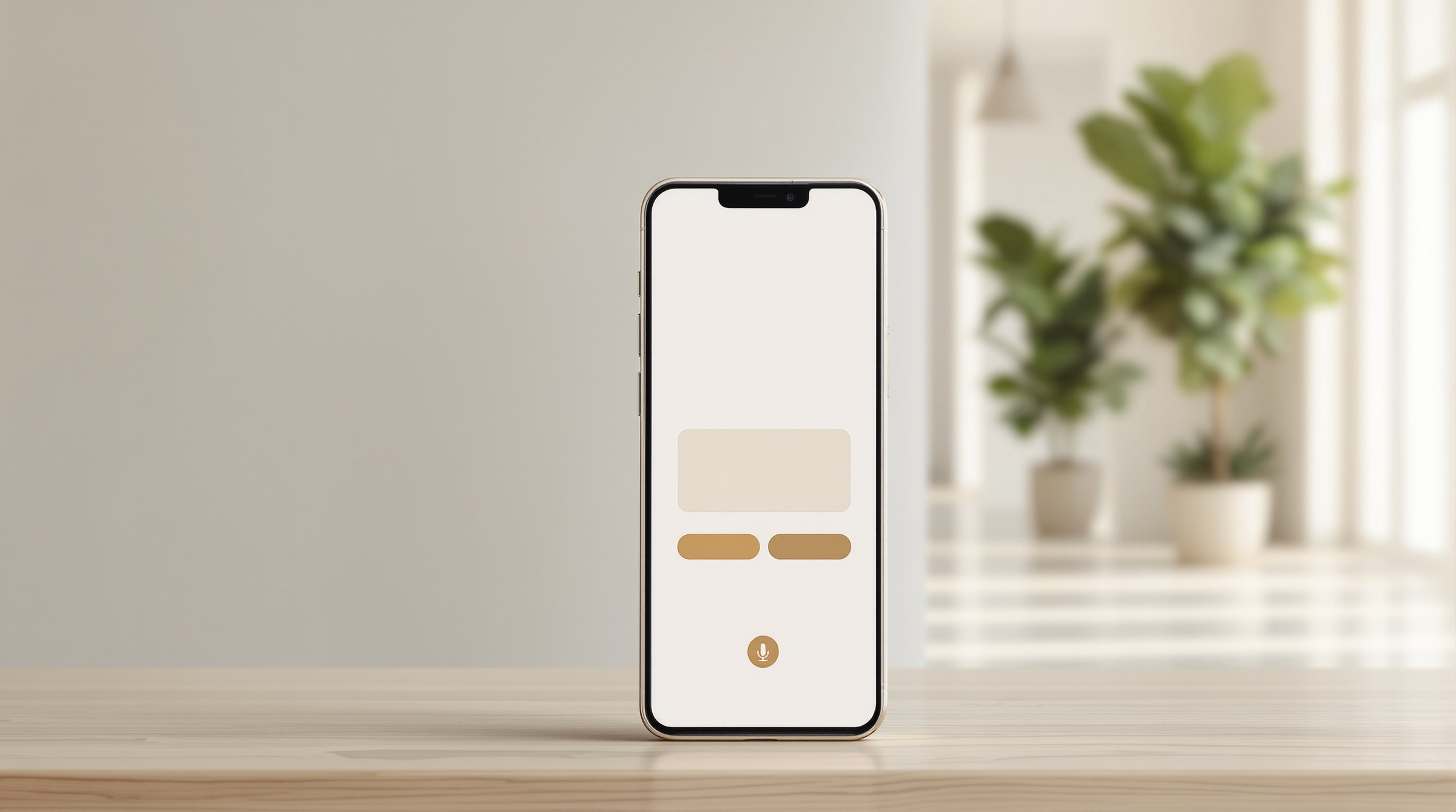 A phone on a light wooden table in a bright, calm apartment